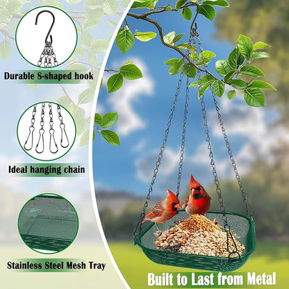 Hanging Bird Feeder for Outdoors – 11 in Square Metal Mesh Bird Feeder Tray Platform for Wild Birds, Green