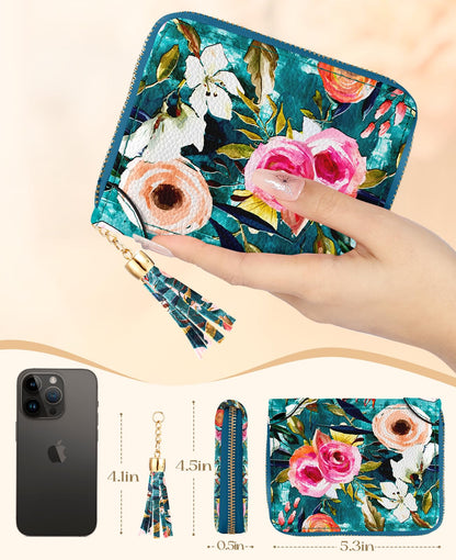 Bistup 【40 Slots Credit Card Holder for Women Girls Cute RFID Blocking Card Organizer Leather Cardholder Protector for Lady Female Large Capacity Size Big Zipper Wallet Flower Luxury Aesthetic Unique