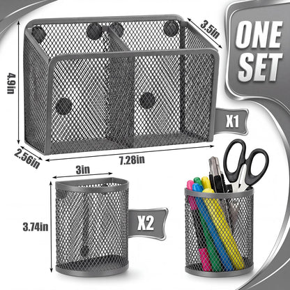 Marspark 3 Pcs Magnetic Pen Holder Set Metal Pencil Holder with Strong Magnets Wire Mesh Storage Basket Organizer for Locker Accessories Whiteboard Refrigerator School Office Dorm(Grey)