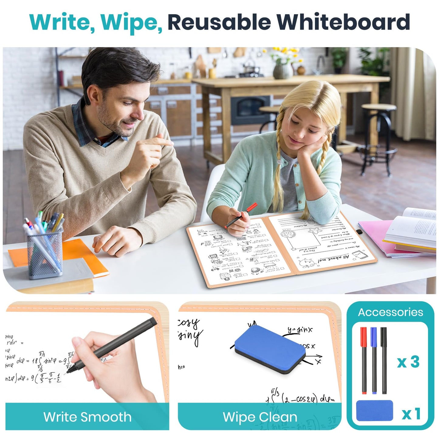WALGLASS Double-Sided Small White Board Dry Erase, 12'' x 9'' Portable Reusable Whiteboard Notebook, Foldable Mini Handheld Board for Students Practice, Home, School, Office, Travel - Pink PU Leather