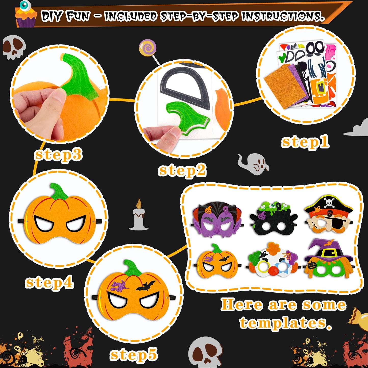 80UncleKimby 30PCS Halloween Crafts in Bulk - Felt Face Masks DIY Arts Kit, Hallowmas Party Favors Classroom Activities Supplies