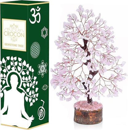 Crocon Rose Quartz Crystal Tree of Life Pink Room Decor & Healing Crystals Cute Desk Accessories Spiritual Birtdhay Gifts for Women House Warming Gifts New Home Decor for Mom Sister & Girlfriend