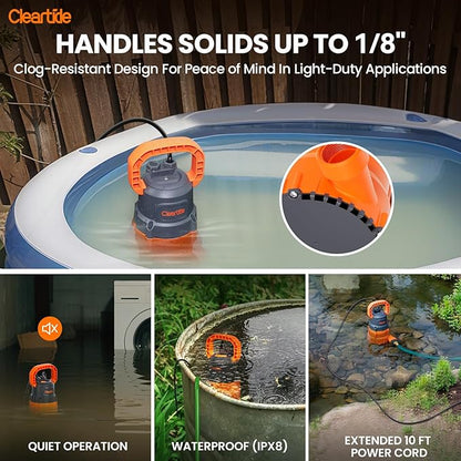 Cleartide Submersible Utility Water Pump, 8160 LPH High Flow, 100% Copper Motor, Thermoplastic Portable Plug & Work, Ideal for Pool, Flooded Basement, Hot Tub, Pond & Garden Draining,10 FT Cord