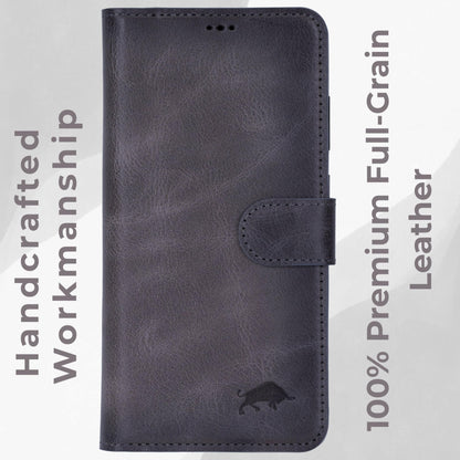 VENOULT Wallet Case for Samsung Galaxy S24 Ultra with 4 Card Slots, Full Grain Genuine Turkish Leather, Business Style, Magnetic Detachable Folio, Wireles Charge, RFID, Handmade (Sandy Gray)
