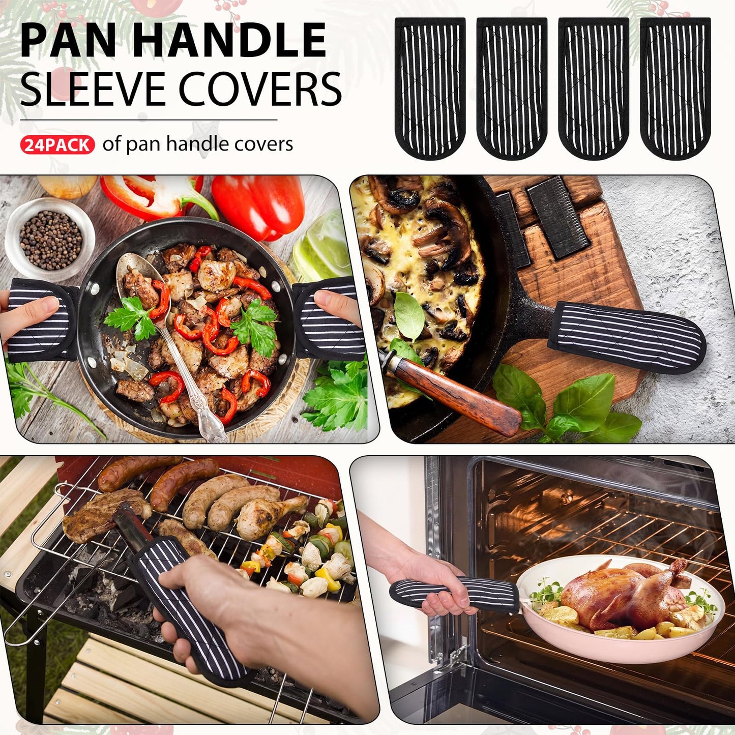 Dandat 24 Set Hot Handle Covers for Daily Replace Use Gift Pan Handle Sleeve Cover Heat Resistant Cast Iron Holder Sleeve Washable Handgrip Mitts for Christmas Kitchen BBQ Baking Cookware(Stripe)