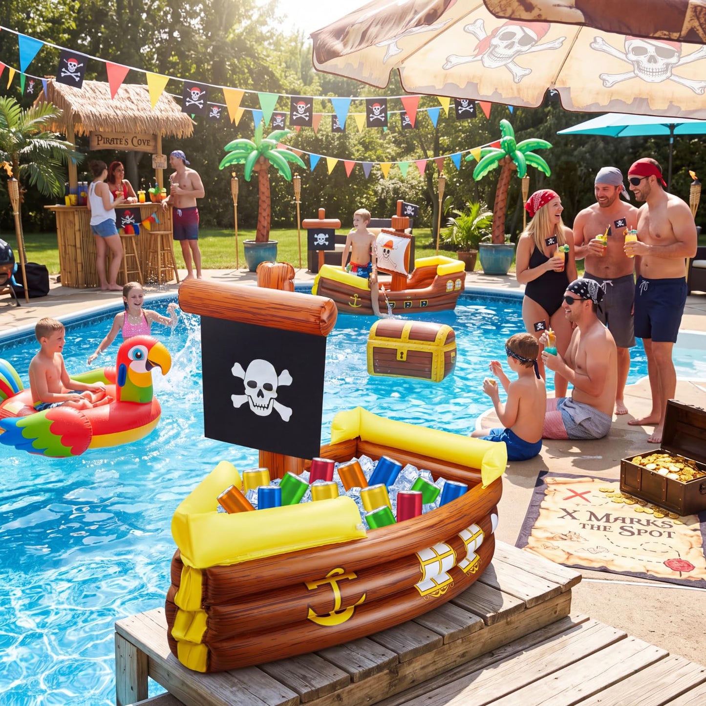 Cunhill Inflatable Pirate Ship Cooler Summer Inflatable Cooler for Birthday Gasparilla Party Decorations Pool Party Supplies Food Tray Beverage Serving Containers Ice Holder