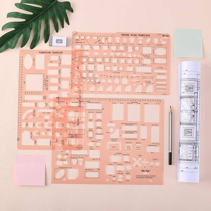 Mr. Pen- House Plan, 3 pcs, Interior Design and Furniture Templates, Clear Flexible Plastic, Drafting Tools, Ruler Shapes for Architecture, 1/4 Inch Scale, Kitchen, Bath, Bedroom, Office, Living Room