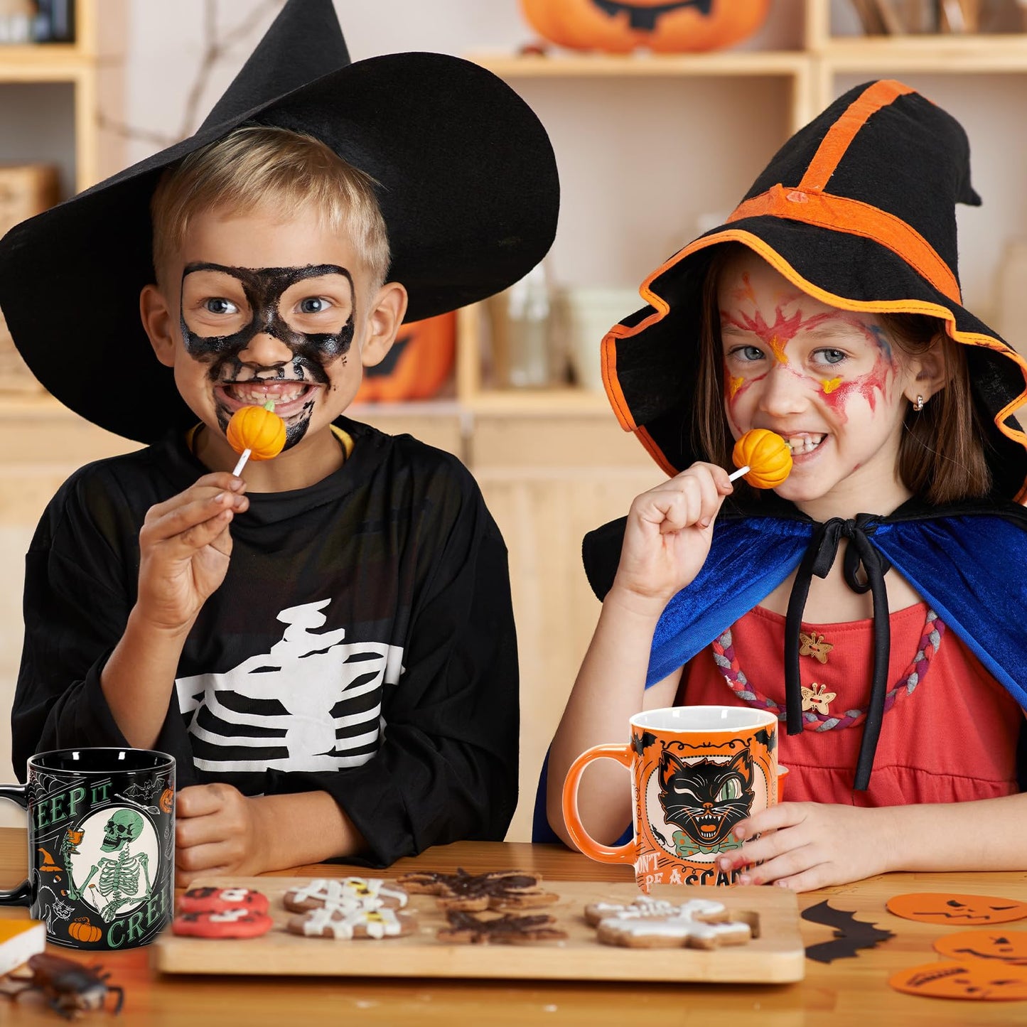 JarThenaAMCS 4Pcs Halloween Mugs Pumpkin Black Cat Ghost Skeleton Coffee Mug Orange Black Ceramic Drinking Cup for Halloween Party Table Centerpieces, 12oz