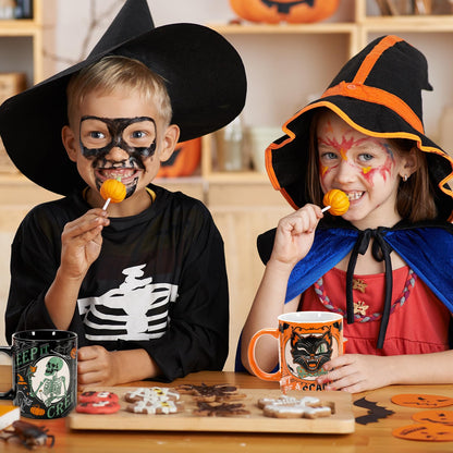 JarThenaAMCS 4Pcs Halloween Mugs Pumpkin Black Cat Ghost Skeleton Coffee Mug Orange Black Ceramic Drinking Cup for Halloween Party Table Centerpieces, 12oz