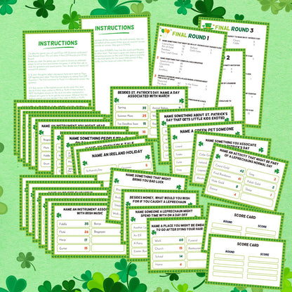 Soulchen 32 Pcs St. Patrick's Day Friendly Feud Game Set St. Patrick's Day Party Game Trivia Quiz 30 Card 2 Buzzer for Adults Family Irish Home Games Activities Party Supplies, Battery Not Included