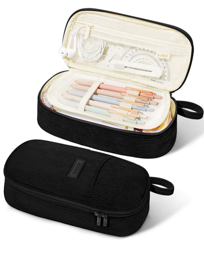SUNEE Cute Pencil Case, Large Pencil Pouch, Soft Corduroy Aesthetic Big Pencil Bag with Zipper, Kawaii Stationery Storage and Organizer, School Supplies for Teen and Adult, Boys&Girls, Coal Black