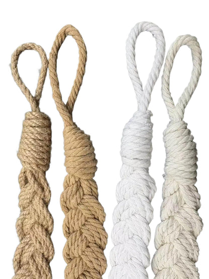 Hand-Braided Faux Linen Curtain Tiebacks with Wall Hooks, Boho Window Curtain Tie Back Holdback, 25 inch Extra Long Rope for Living Room Bedroom, Set of 4,Linen