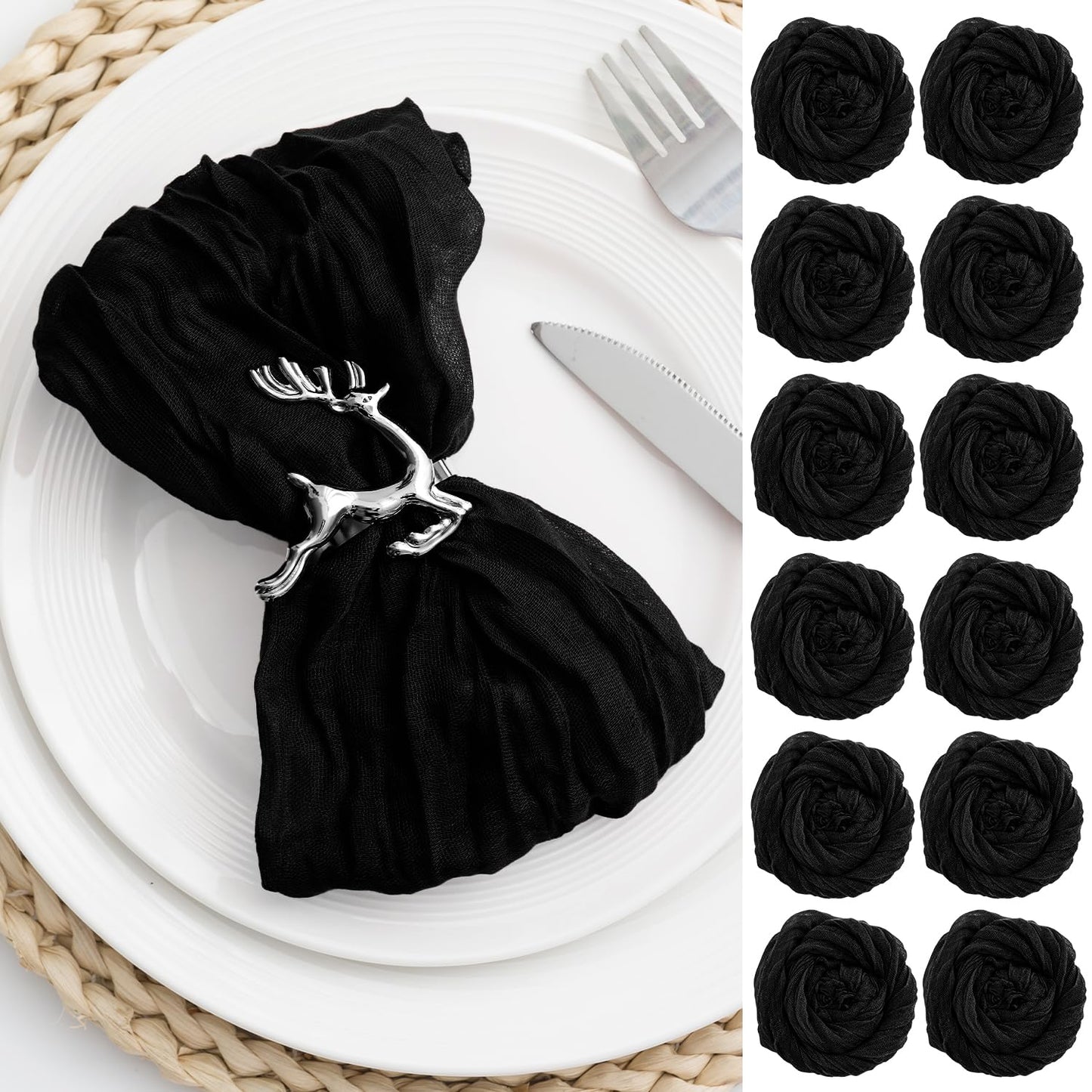 60 Pack Black Cheesecloth Napkins Washable 21x21 Inches Black Cloth Napkins Set of 60 Dinner Table Napkins for Wedding Rustic Boho Cotton Gauze Summer Bridal Baby Shower Party Table Decor