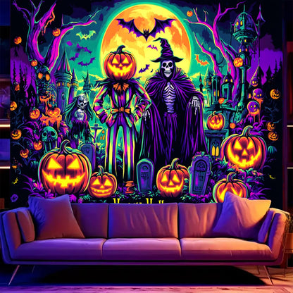BSFHH Black Light Tapestry – UV Reactive Glow in the Dark Wall Hanging, Spooky Night Scene with Ghosts & Pumpkins, Haunting Home Decor for Parties, Bedroom, or Dorm (Witches & Bats, 90L" x 70W", Unframed)