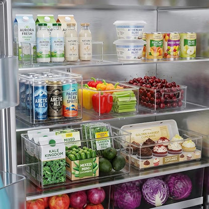 Heyuzb 2 Pack Clear Freezer Organizer Bins Stackable Storage Bins with Side Handles for Kitchen Pantry Cabinet Organzation and Storage