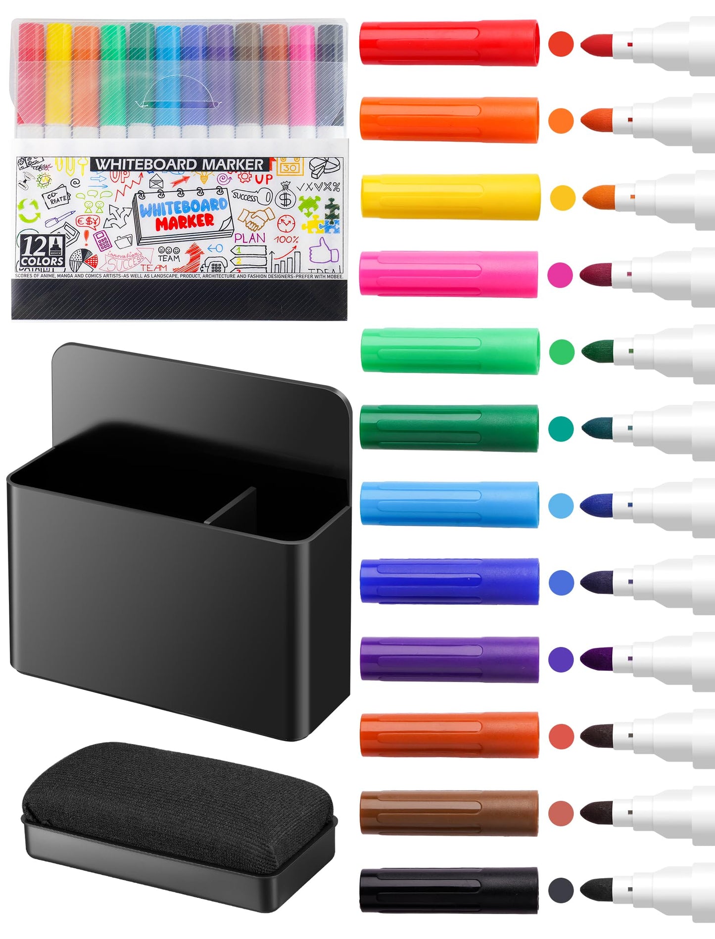 NiArt Whiteboard Magnetic Dry Erase Marker Holder Set, 12 Colors Fine Markers, Dry Eraser for Office, Magnetic Carrying Case
