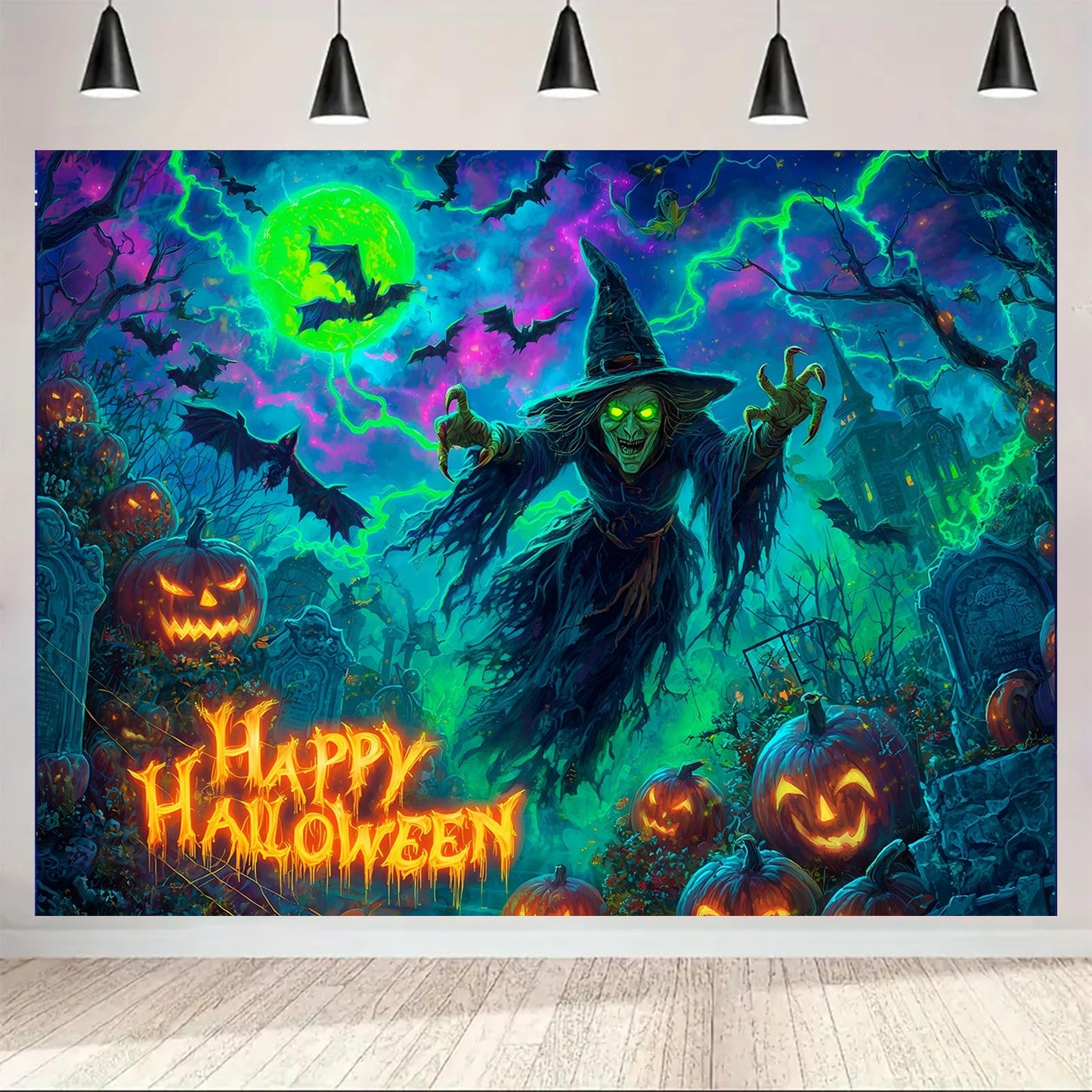 BlissYard Happy Halloween Blacklight Tapestry Neon Glow in the Dark Witch Pumpkin Bat UV Reactive Horror Wall Hanging for Bedroom Living Room Dorm Gothic Party Decor 78x59 Inch