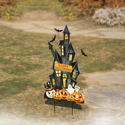 Glitzhome 32" H Halloween Metal Haunted House Yard Stake/Hanging Decor,Halloween Pumpkin Bats Ghost Garden Yard Sign for Lawn Decorations Outdoor Garden Halloween Party Decor