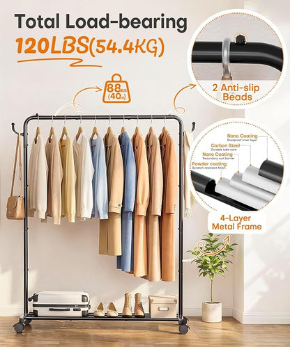 Homde Heavy Duty Clothes Rack: 120lb Standing Garment Storage for Indoor - Rolling Hanging Rod for Bedroom Laundry Room - Coat Dress Organizer on Wheels with luggage shelf (Black, 46.5")