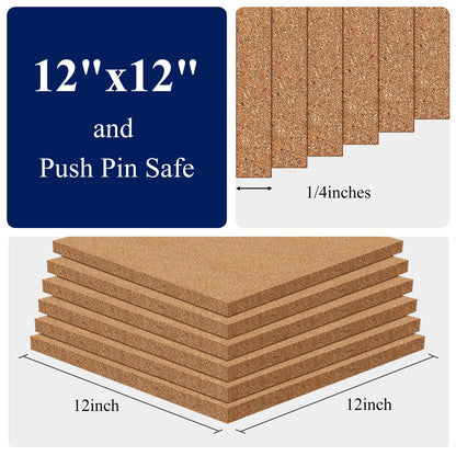 NACHLYNN Cork Board 6 Pack 12 x 12 Self-Adhesive Corkboards for Wall Square Bulletin Board with 100 Push Pins Frameless Cork Tiles for Walls Home Office