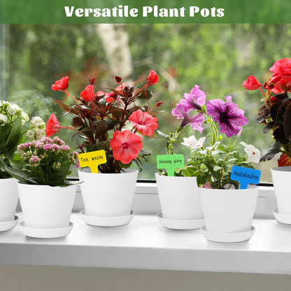 Hahood 60 Pieces White Plastic Planters 4 Inch Flower Pot with Trays Labels Plant Pots Plants Nursery Pot Flower Seedling Nursery Pots for Indoor Outdoor Plant, Herb, Succulent