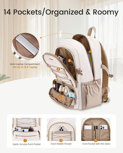 LOVEVOOK School Backpack for Teen Girls, Large Capacity College Bookbag with Water Bottle Holder, Cute Laptop Backpack Purse for Women, Lightweight Daily Backpack, Gift for Her, Off White-Lavender