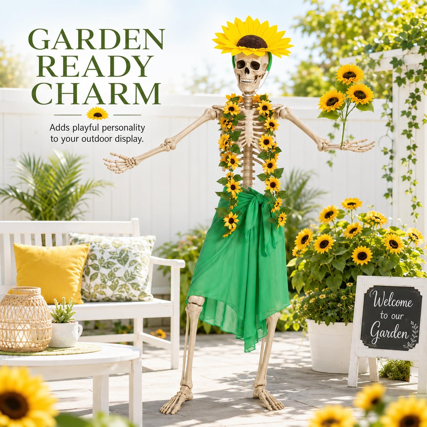 Yi-gog 5Pcs 12 Ft Skeleton Costume Set Halloween Skeletons Outfit Sunflower Headband Sunflower Vine Garlands Green Wrap Skirt Halloween Accessories