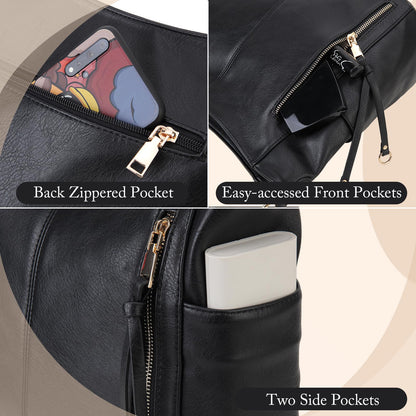 Chase Chic Hobo Bag for Women, PU Leather Ladies Purse and Handbags with Adjustable Strap Trendy Large Crossbody Shoulder Bucket Bag for Work,Travel(Black)