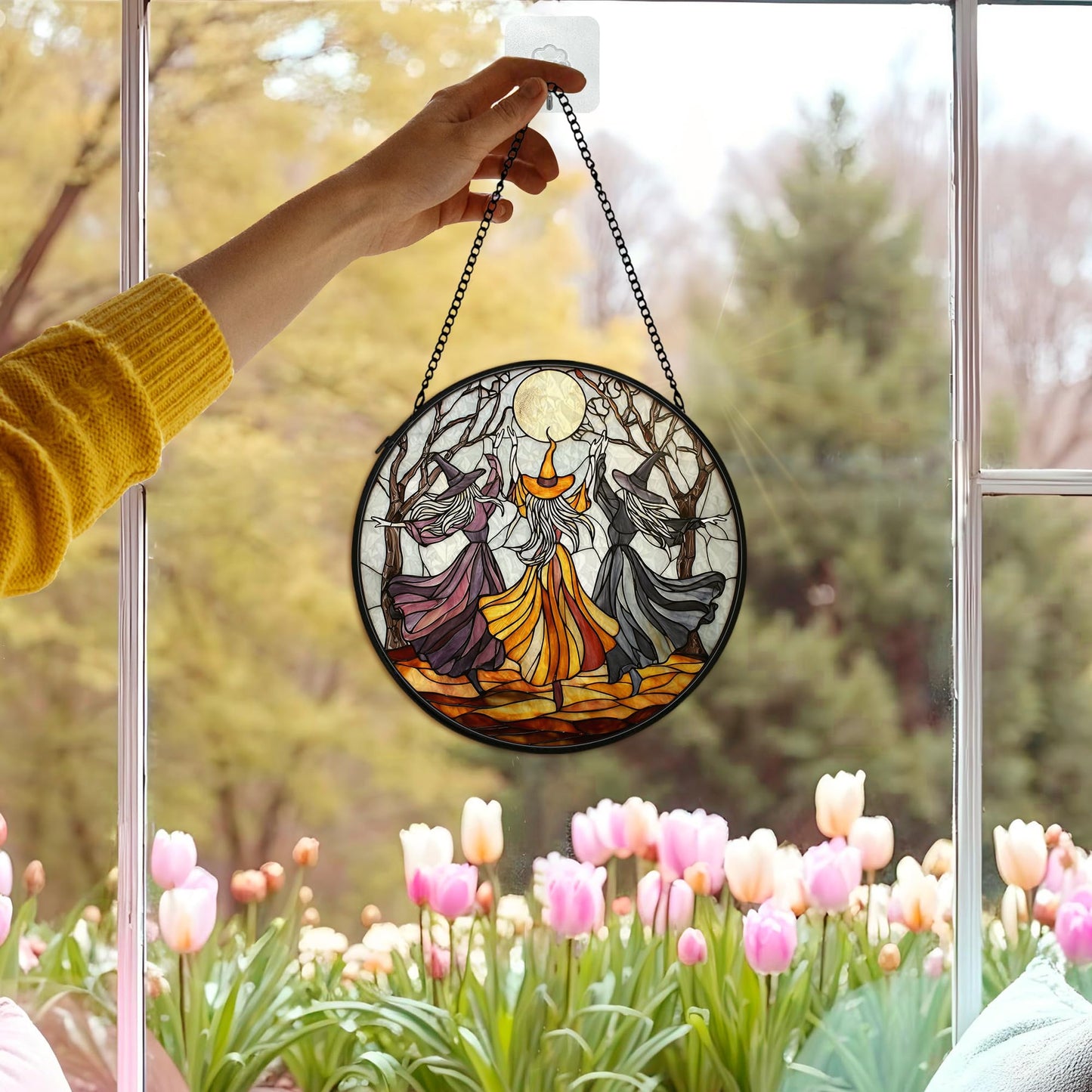 cvjutf Witchy Halloween Suncatcher Stained Glass Window Hanging Decor Aesthetic, Gothic Stained Glass Wall Decor, Witch Dark Academia Garden Sun Catchers Window Hanging Wall Art,Witchy Gifts,7.9x7.9In