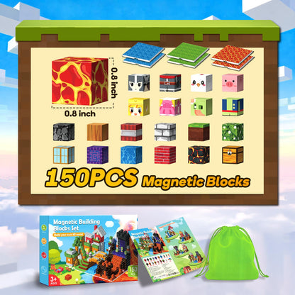 150PCS Magnetic Building Blocks - 6 Big Magnetic Base Building STEM Toys, Magnet Cube Game for Kids, Build Mine Castle Volcano World for Boys Girls Age 3-5 4-8 8-12, Sensory Outdoor Travel Toys Gifts