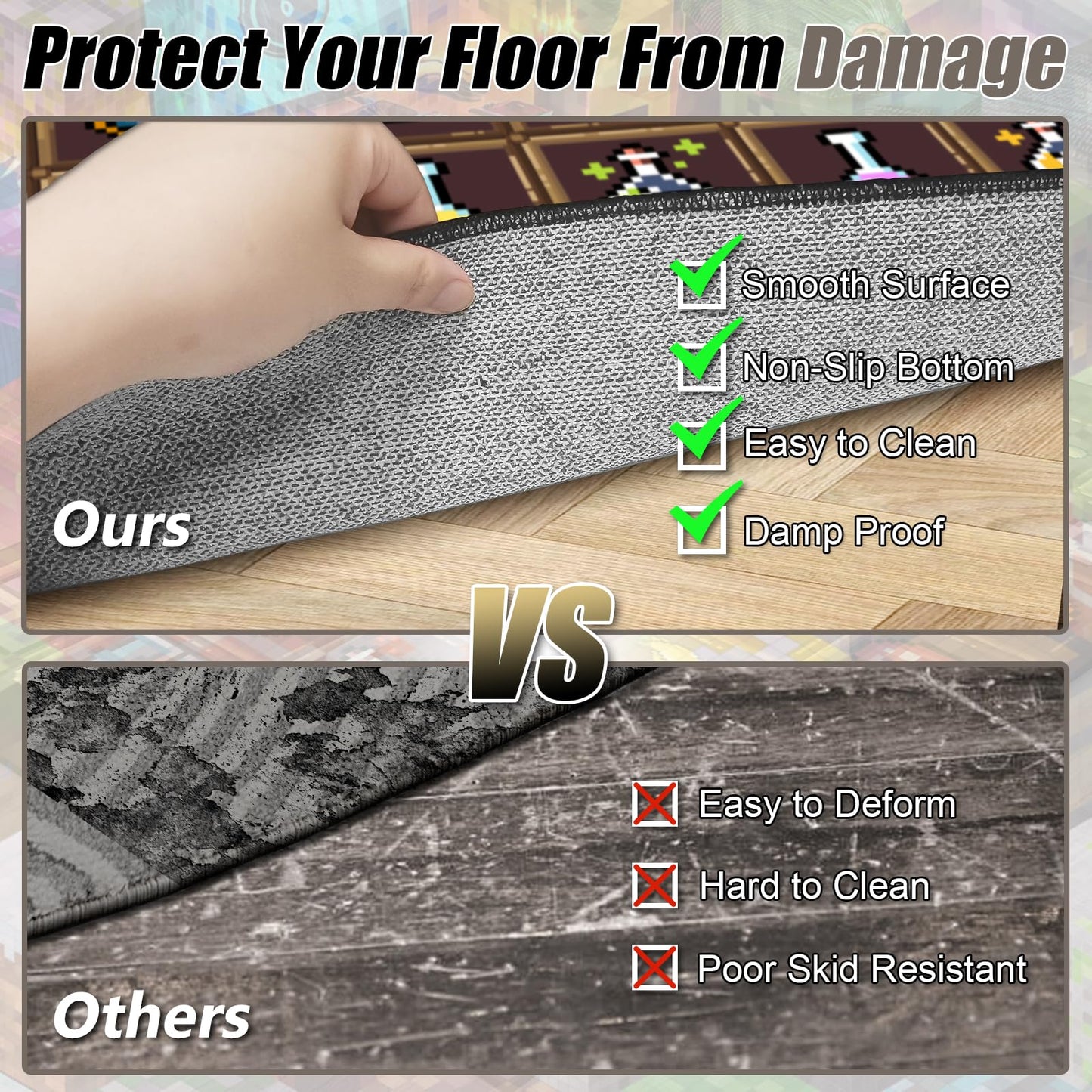 DRVAKO Game Rug Teen Boys Carpet with Pixel Games Element Items Decoration Mat, Weapon Medical Game Rugs for Boy’s Bedroom Living Room Playroom, Non-Slip Children Gaming Area Rugs (Brown, 63" x 47")