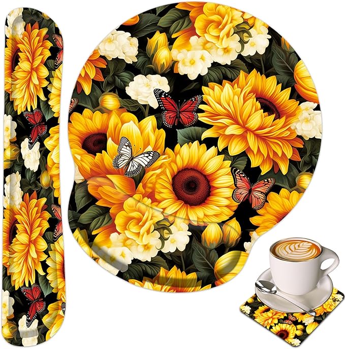 Keyboard Wrist Rest and Mouse Wrist Rest Pad with Cup Coaster,Made of Memory Foam,Ergonomic Support,Easy-Typing and Pain Relief,for Gaming Office Home Computer,Sunflowers and Butterfly