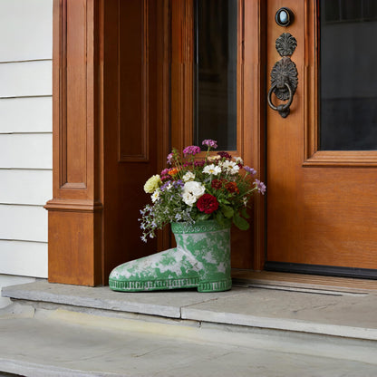 SOFE Rustic Boot Planter, Metal Decorative Flower Pots for Succulents, Herbs, Indoor/Outdoor Boot Vase, Unique Country Home Decor, Green Distressed Finish
