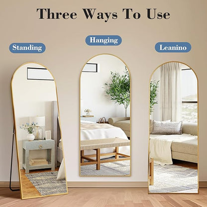 NEWBULIG Arched Mirror Full Length, 56"x15" Body Wall Mirrors with Shatter-Proof Glass, Upgraded Floor Standing Mirror, Hanging or Leaning, with Stand Aluminum Alloy Frame for Home Decor, Gold