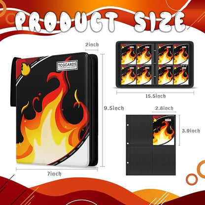 Trading Card Binder 4 Pocket, Card Binder 400 Pockels Card Book Holder Cards with 50 Removable Sleeves, 3-RingZip Design MTG/TCG/Sport Collectible Trading Card Albums Gifls for Boys and Girls (Fire）