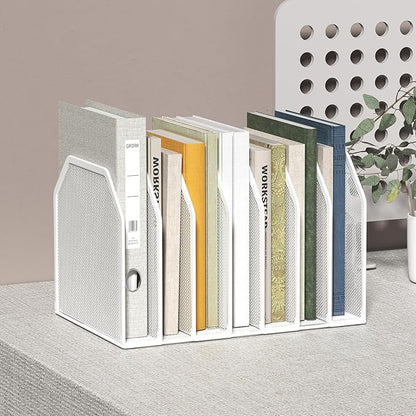 FANXIYQ Metal 7 Section File Folder Organizer for Desk | Vertical Office File Holder | Heavy-Duty Mesh Document Sorter for Books, Binders, Laptops | Desk Organizer,7 Sections White