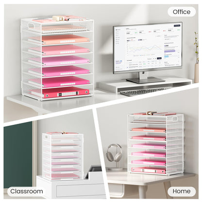 Lavatino 8-Tier Letter Tray Desk Paper Organizer, Mesh File Tray Organizer for Desk, Office Supplies & Home Organization, Fits A4 Paper, Mail, Magazines and Office Accessories (White with Handle)
