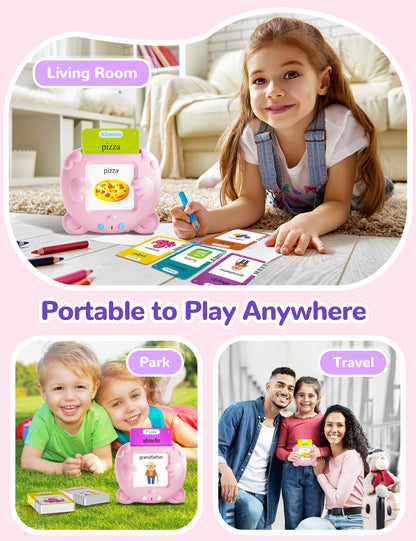 Spanish & English Talking Flash Cards for Toddlers, 510 Sight Words Bilingual Pink Educational Toys for Girls, Autism Sensory Speech Therapy Toys, Española Pocket Vocabulary Learning for Kids