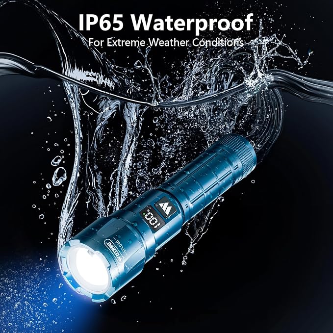 WdtPro LED Rechargeable Flashlight 2 Pack, 3 Modes Super Bright High Lumens Flashlights, Zoomable Tactical Flash Light with LCD Display, IP65 Waterproof Flashlights for Home Emergency Camping - Blue