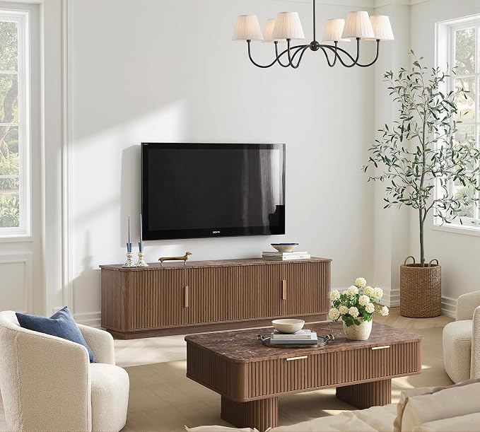 Win2win Fluted Coffee Table with Storage, Mid Century Modern Coffee Table with Faux Marble Top, Minimalist Rectangle Center Table with Sculptural Pedestal Legs & Drawers for Living Room/Office, Walnut