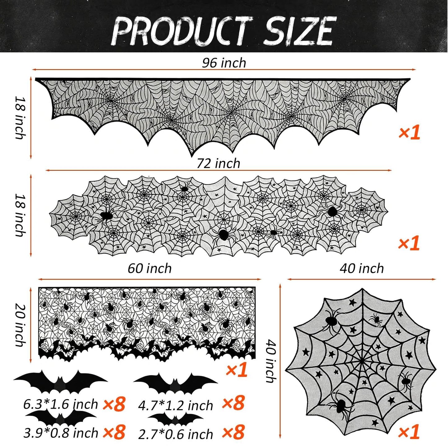 Zoonlinpp 5 Pack Halloween Decorations Indoor Black Lace Table Runner Fireplace Mantel Scarf Cover Spider Web Tablecloth Cobweb Lampshade with 32 Pcs Bat Wall Stickers Spooky Party Decor