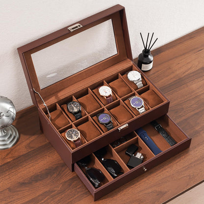ProCase Watch Box, Fathers Day Gift for Dad, 12 Slot Mens Watch Case With Drawer, 2-Layer Watch Display Case With Glass Lid, Mens Jewelry Box Storage Holder Organizer -12Slot, Espresso
