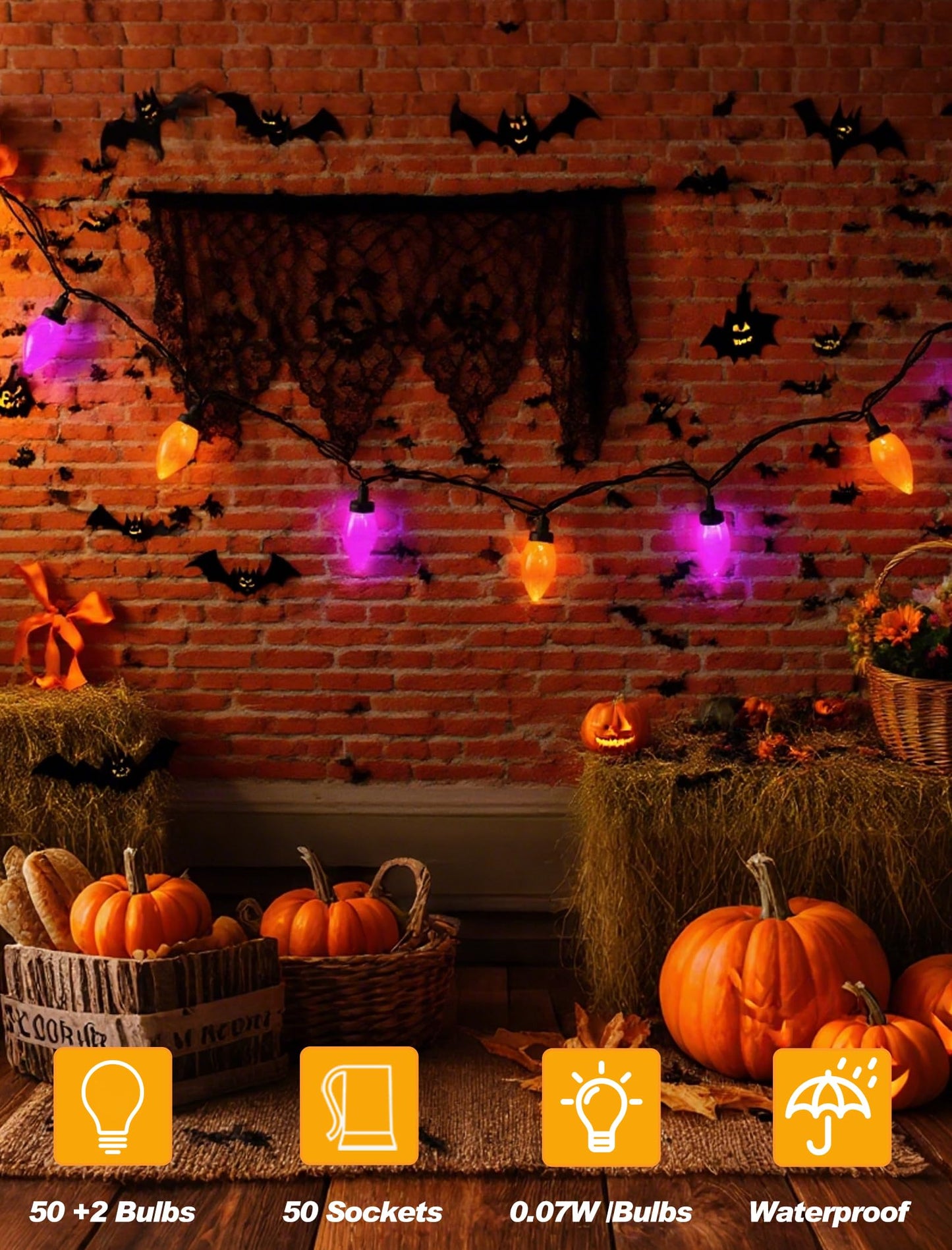 C9 Halloween String Lights Outdoor, 26.4Ft C9 Halloween Decorations with 50 LED Orange and Purple Lights, Extendable Hanging Plug in Christmas Night Lights for Party, Patio, Outside Yard, House Decor