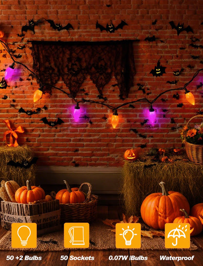 C9 Halloween String Lights Outdoor, 26.4Ft C9 Halloween Decorations with 50 LED Orange and Purple Lights, Extendable Hanging Plug in Christmas Night Lights for Party, Patio, Outside Yard, House Decor