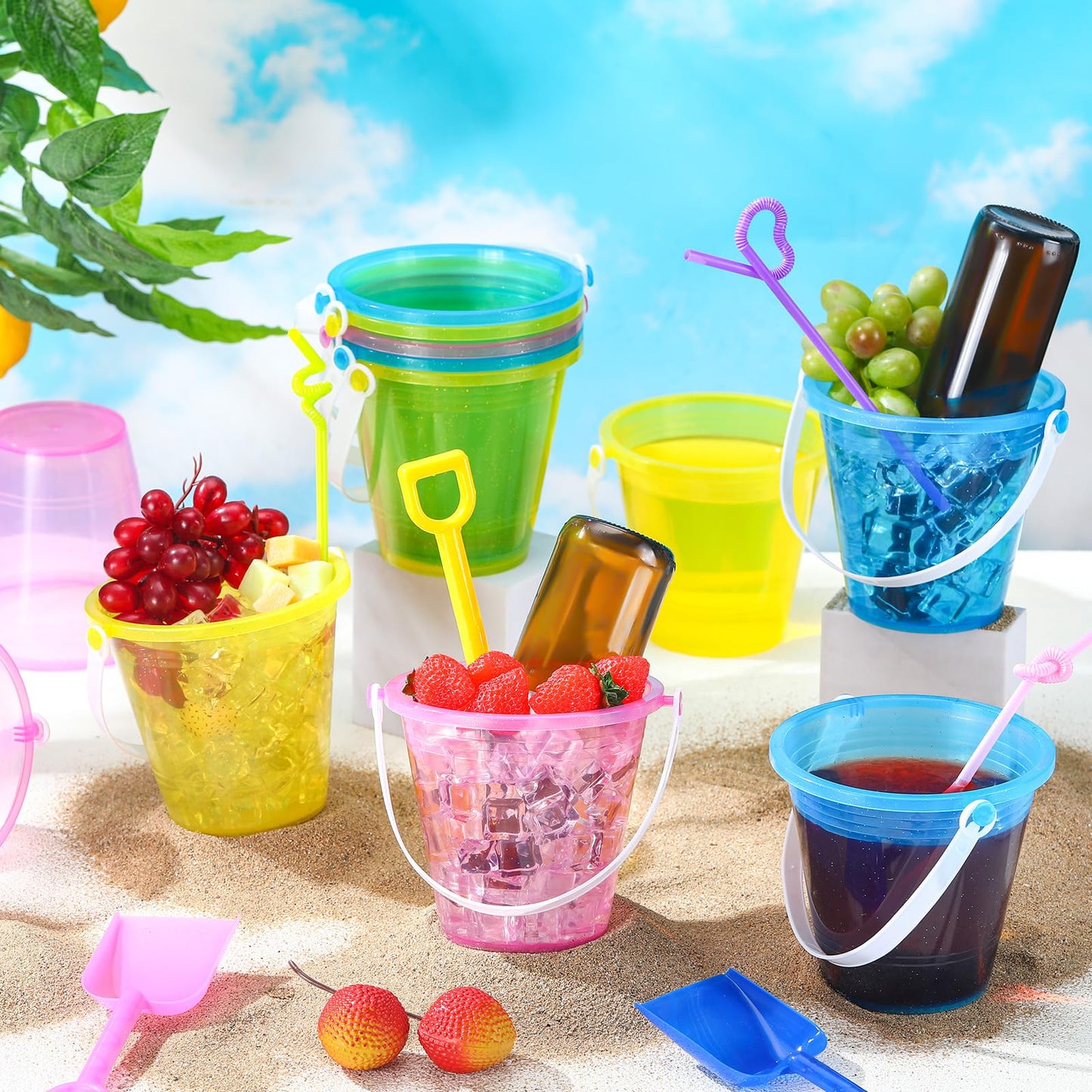 CroBlissful 15 Set 33.8 Ounce Large Beach Drink Buckets with Shovels Disposable Straws Plastic Bucket with Handles for Summer Holiday Party Beach Birthday Party Favors (Glitter)