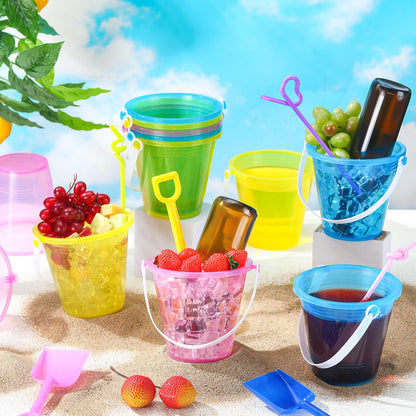 CroBlissful 15 Set 33.8 Ounce Large Beach Drink Buckets with Shovels Disposable Straws Plastic Bucket with Handles for Summer Holiday Party Beach Birthday Party Favors (Glitter)