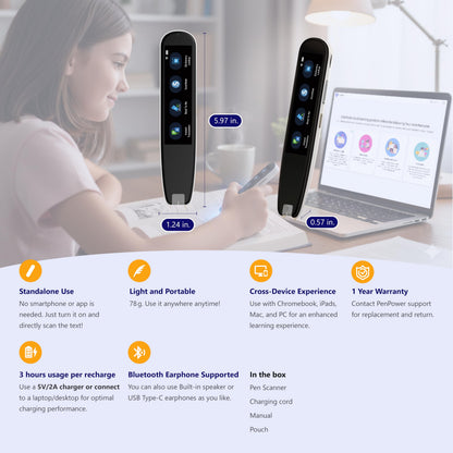 WorldPenScan AI Reader – Reading Pen with Built-in Dictionary & AI Reading Buddy for Kids | Grade-Level Reading Support | English, Spanish, Chinese | Text-to-Speech, Transcribe, Translation
