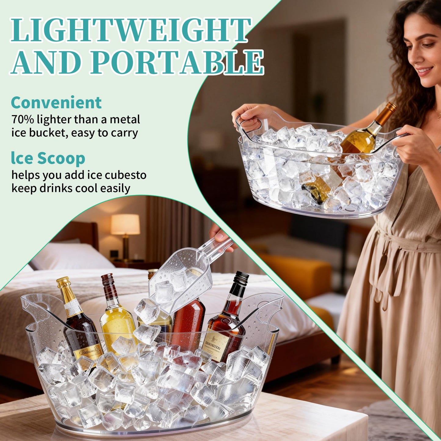 6.5L Large Ice Bucket for Parties, 2PCS Clear Acrylic Drink Buckets with Scoop & Metal Wine Bottle Opener, Champagne Bucket Tub for Wine, Beer, Cocktail Bar & Mimosa Bar Supplies Cooler