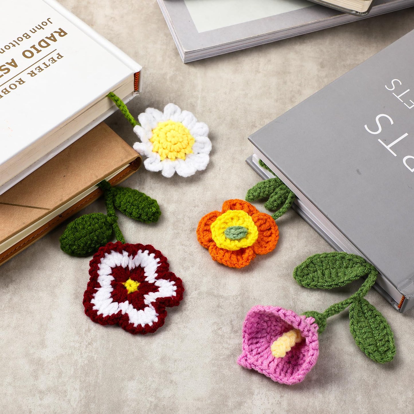 Harloon 4 Pieces Book Lover Gifts Flowers Crochet Bookmarks Handmade Knitted Book Marker Curtain Tiebacks Holdbacks Car Ornaments for Readers Writers Library(Cute)