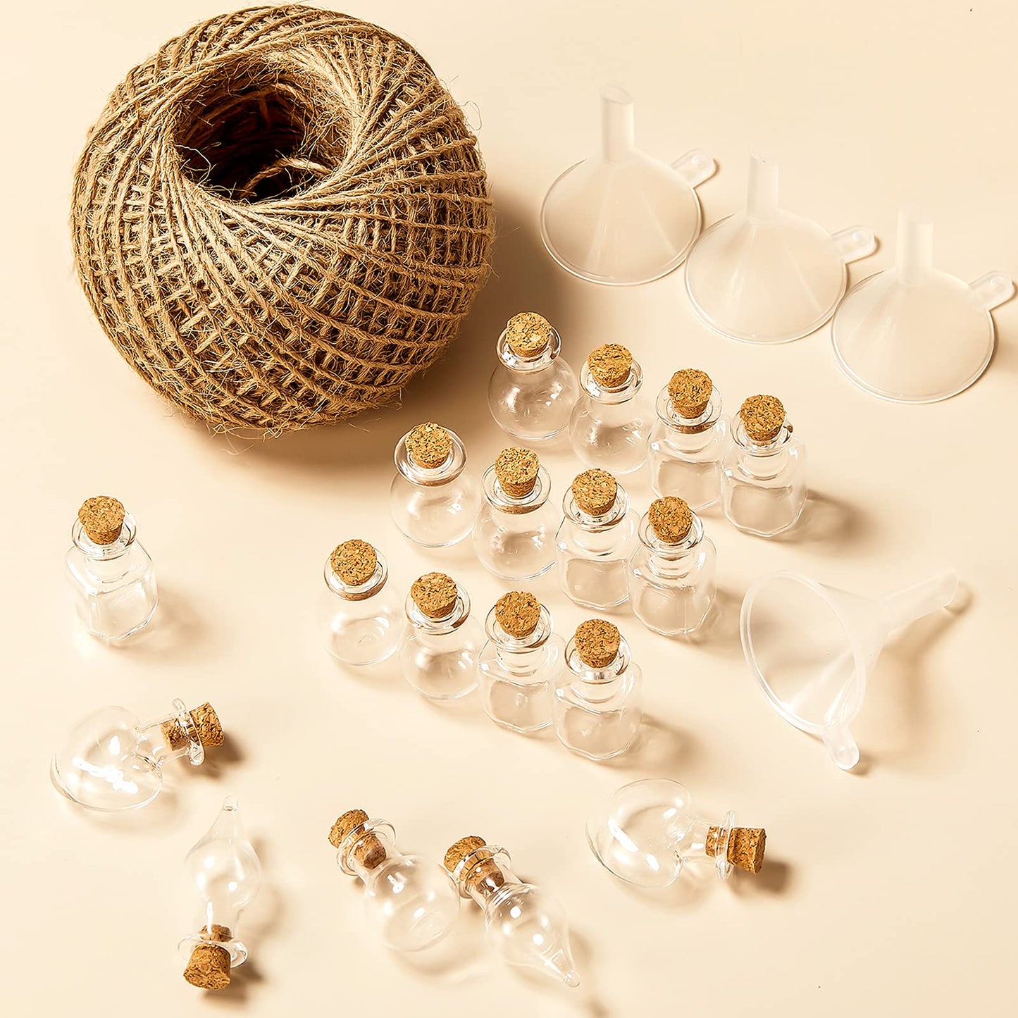 Geiserailie 50 Pieces Small Tiny Glass Spell Jars Bottle with Cork Stopper Witchy Gifts Witchcraft Supplies Wishing Bottles with Eye Screws Funnel Rope for DIY Crafts(Transparent, Style A)